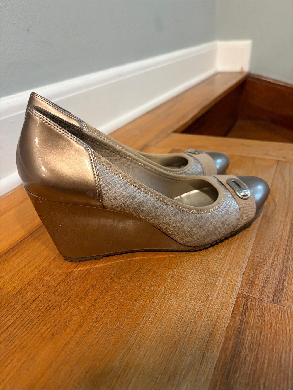 Anne Klein Sport Metallic Taupe and Gold Wedge Pumps